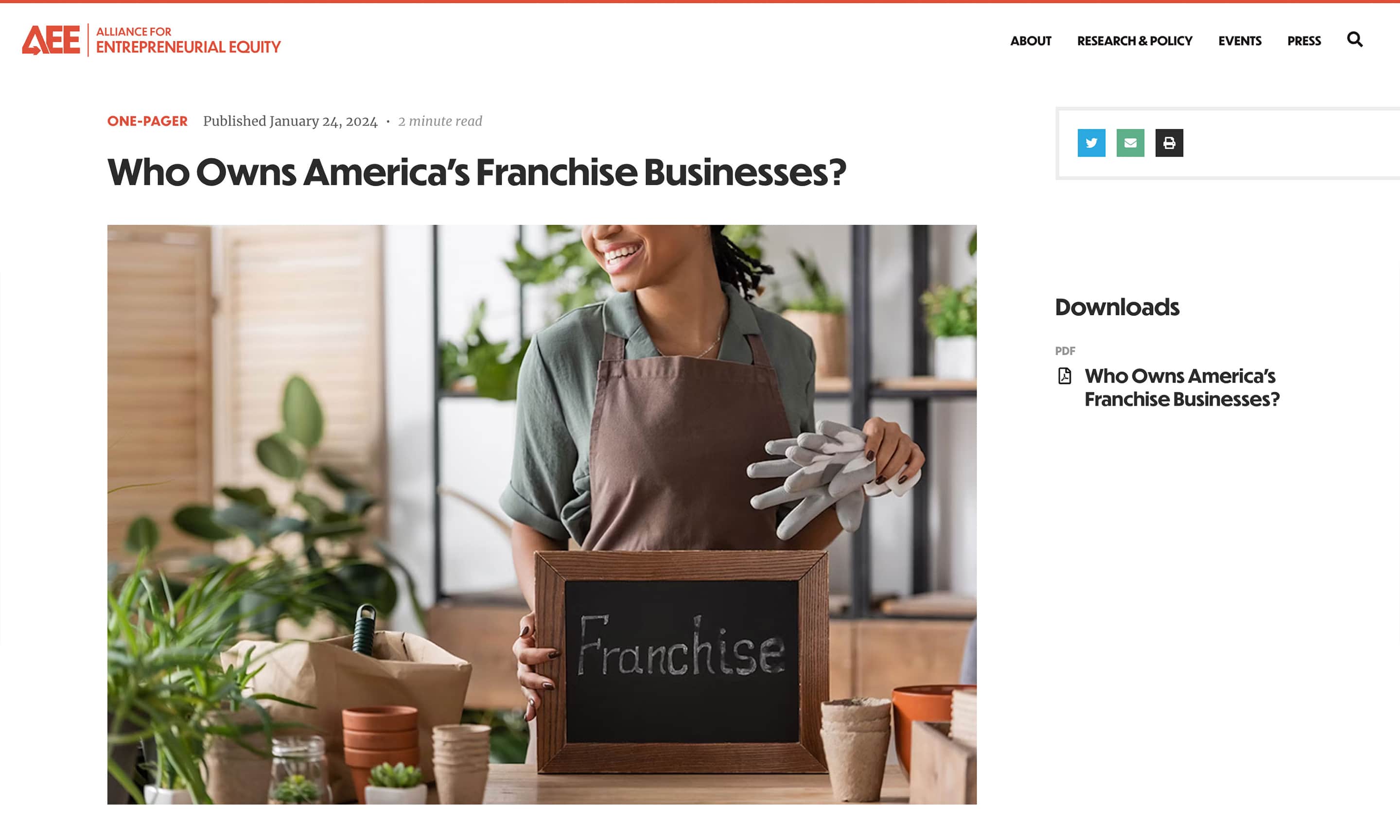 A screenshot of a ‘one-pager’ article on the Alliance for Entrepreneurial Equity website, showing the article page content and a download link