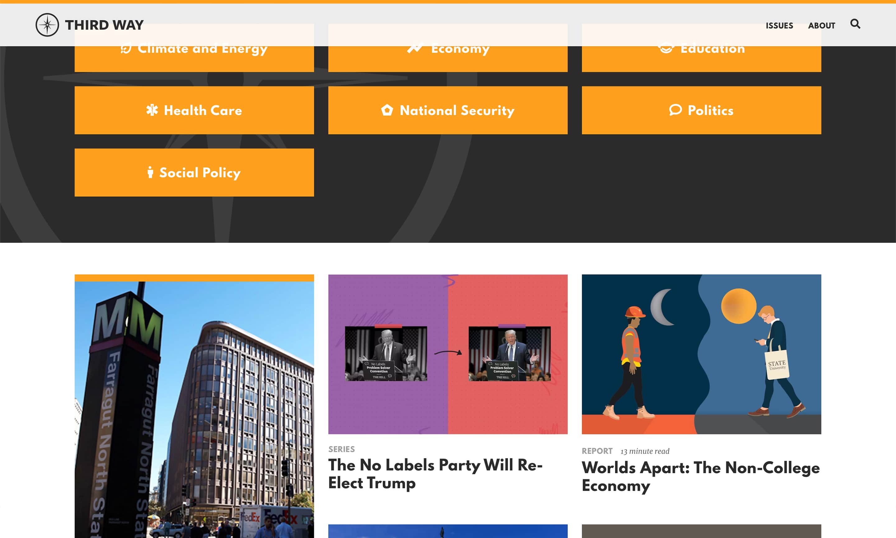 A screenshot of the Third Way website, showing their multiple areas of focus